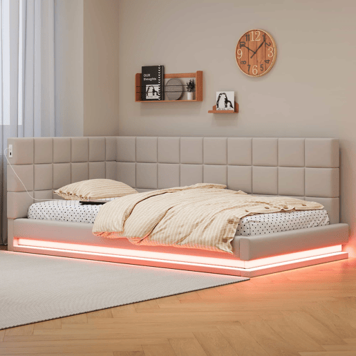 Sofá-cama com colchão de 90*200 - Multifuncional com luz LED, porta USB e estrado - Bege