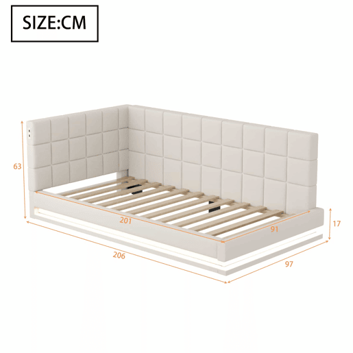 Sofá-cama com colchão de 90*200 - Multifuncional com luz LED, porta USB e estrado - Bege