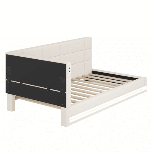 Sofá-cama com colchão de 90*200 - Multifuncional com luz LED, porta USB e estrado - Bege
