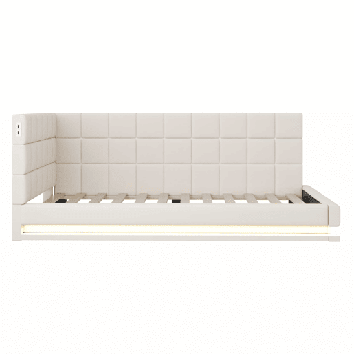 Sofá-cama com colchão de 90*200 - Multifuncional com luz LED, porta USB e estrado - Bege