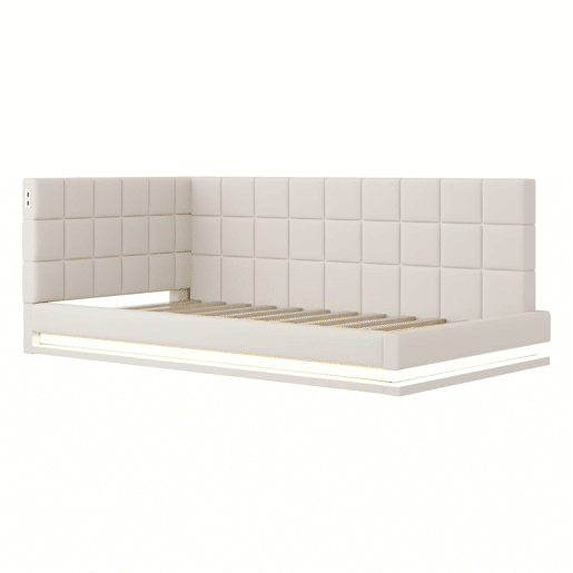 Sofá-cama com colchão de 90*200 - Multifuncional com luz LED, porta USB e estrado - Bege