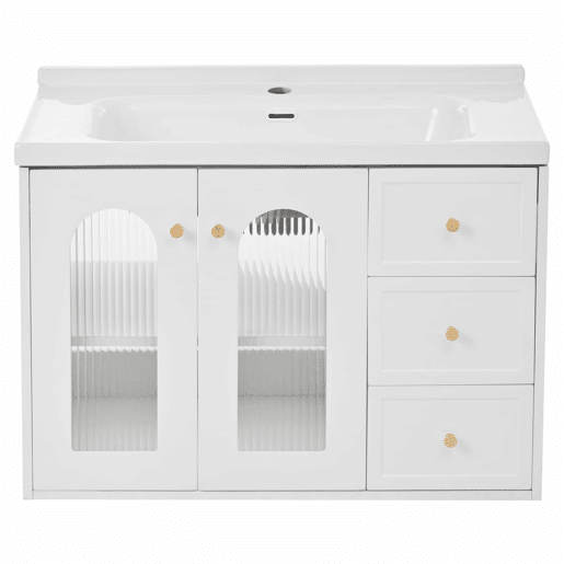 Móvel de casa de banho suspenso com lavatório de cerâmica de 80 cm - multifuncional, MDF, 2 gavetas + armário com porta de vidro semitransparente e prateleiras ajustáveis, grande capacidade de arrumação - branco