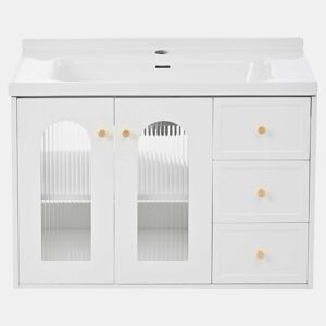Móvel de casa de banho suspenso com lavatório de cerâmica de 80 cm - multifuncional, MDF, 2 gavetas + armário com porta de vidro semitransparente e prateleiras ajustáveis, grande capacidade de arrumação - branco