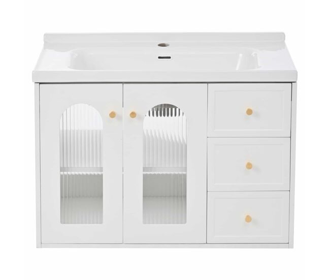 Mueble de baño suspendido con lavabo cerámico 80 cm - multifunción, mdf, 2 cajones + armario con puerta de cristal semitransparente y estantes