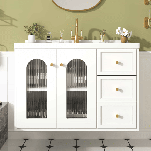 Móvel de casa de banho suspenso com lavatório de cerâmica de 80 cm - multifuncional, MDF, 2 gavetas + armário com porta de vidro semitransparente e prateleiras ajustáveis, grande capacidade de arrumação - branco