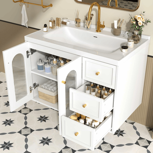 Móvel de casa de banho suspenso com lavatório de cerâmica de 80 cm - multifuncional, MDF, 2 gavetas + armário com porta de vidro semitransparente e prateleiras ajustáveis, grande capacidade de arrumação - branco