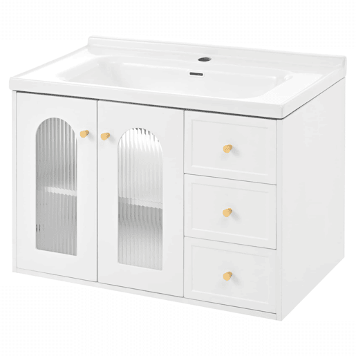 Móvel de casa de banho suspenso com lavatório de cerâmica de 80 cm - multifuncional, MDF, 2 gavetas + armário com porta de vidro semitransparente e prateleiras ajustáveis, grande capacidade de arrumação - branco