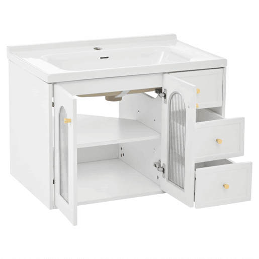 Móvel de casa de banho suspenso com lavatório de cerâmica de 80 cm - multifuncional, MDF, 2 gavetas + armário com porta de vidro semitransparente e prateleiras ajustáveis, grande capacidade de arrumação - branco