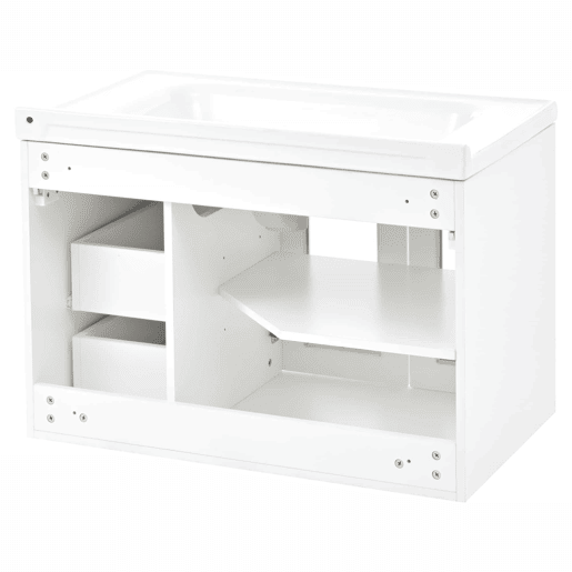 Móvel de casa de banho suspenso com lavatório de cerâmica de 80 cm - multifuncional, MDF, 2 gavetas + armário com porta de vidro semitransparente e prateleiras ajustáveis, grande capacidade de arrumação - branco