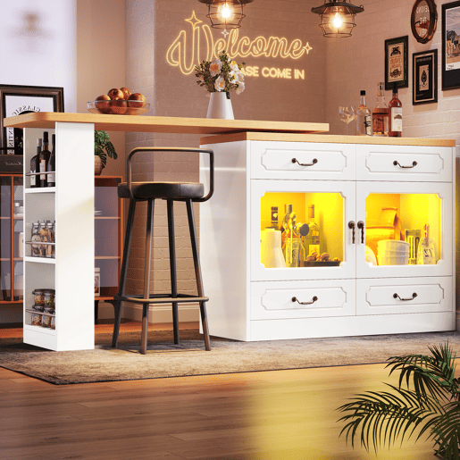Mesa de bar extensível 135-203 cm - Com arrumação, giratória 360°, LED - Branca