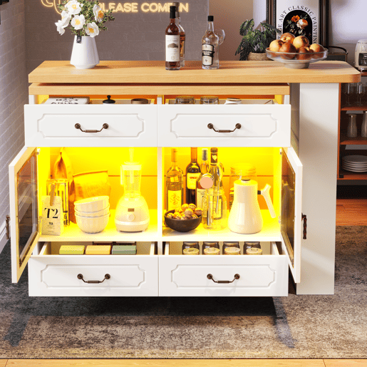 Mesa de bar extensível 135-203 cm - Com arrumação, giratória 360°, LED - Branca