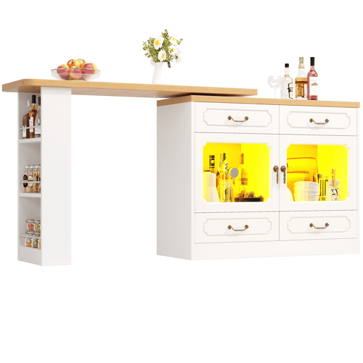 Mesa de bar extensível 135-203 cm - Com arrumação, giratória 360°, LED - Branca