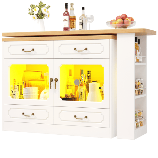 Mesa de bar extensível 135-203 cm - Com arrumação, giratória 360°, LED - Branca