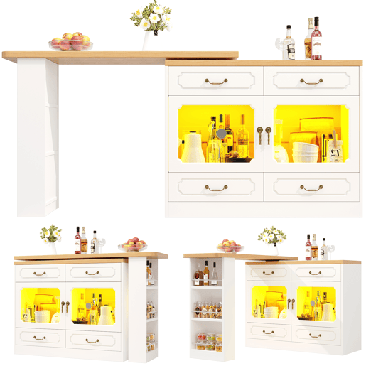 Mesa de bar extensível 135-203 cm - Com arrumação, giratória 360°, LED - Branca