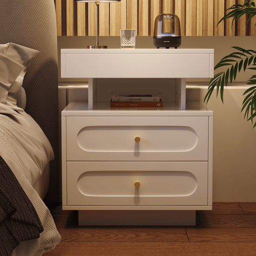 Mesa de cabeceira 50x40x60 cm - 2 gavetas, 1 espaço aberto, LED - Branco