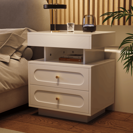 Mesa de cabeceira 50x40x60 cm - 2 gavetas, 1 espaço aberto, LED - Branco
