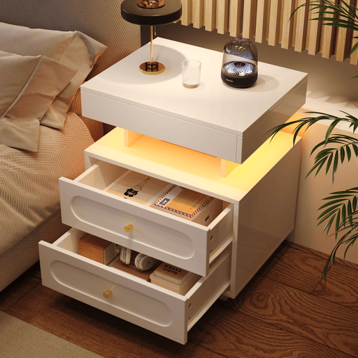 Mesa de cabeceira 50x40x60 cm - 2 gavetas, 1 espaço aberto, LED - Branco