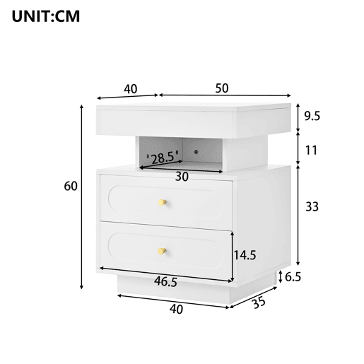 Mesa de cabeceira 50x40x60 cm - 2 gavetas, 1 espaço aberto, LED - Branco