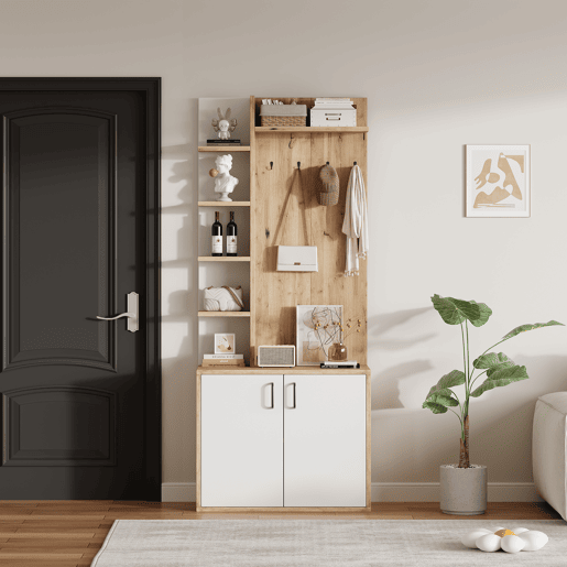 Cabideiro 75x33x180 cm - Com armário, arrumação para sapatos, com cabides, 5 compartimentos de arrumação, cor madeira original + branco