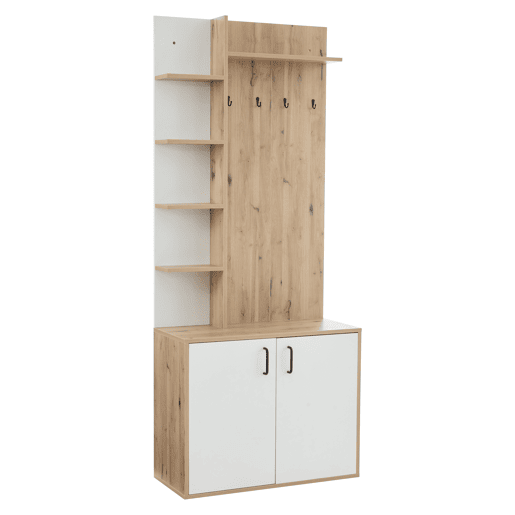Cabideiro 75x33x180 cm - Com armário, arrumação para sapatos, com cabides, 5 compartimentos de arrumação, cor madeira original + branco