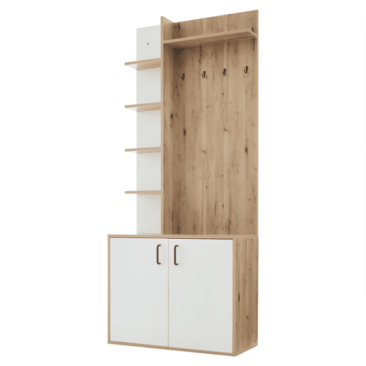 Cabideiro 75x33x180 cm - Com armário, arrumação para sapatos, com cabides, 5 compartimentos de arrumação, cor madeira original + branco