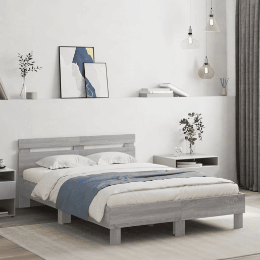 Estrutura de cama de casal c cabeceiraluzes LED - 120x200cm cinzento sonoma