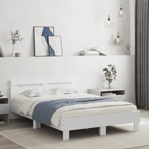 Estrutura de Cama de casal simple com cabeceira e luzes LED 120x200 cm branco