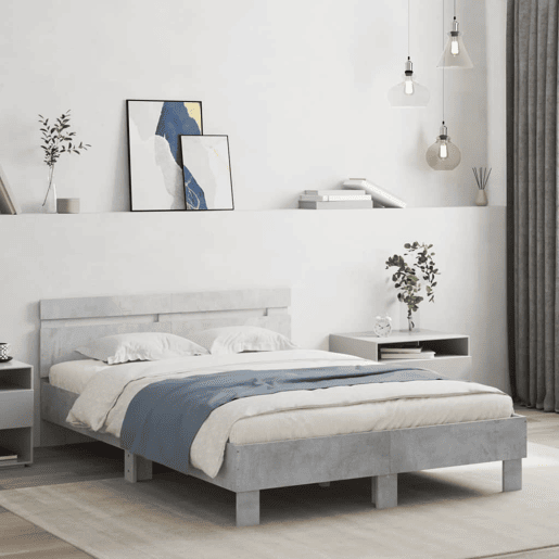 Estrutura de cama de casal cabeceira e luzes LED - 120x200cm cinzento cimento