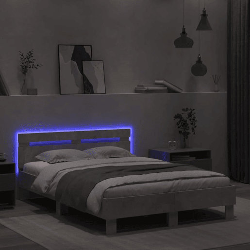 Estrutura de cama de casal cabeceira e luzes LED - 120x200cm cinzento cimento