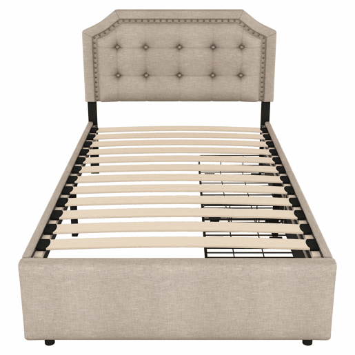 Cama estofada em linho com 2 gavetas - 90x200 cm - cabeceira decorada com rebites - Taupe