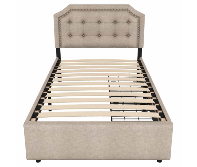 Cama tapizada en tela de lino con 2 cajones - 90x200 cm - cabecero decorado con remaches - taupe