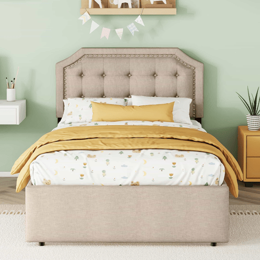 Cama estofada em linho com 2 gavetas - 90x200 cm - cabeceira decorada com rebites - Taupe