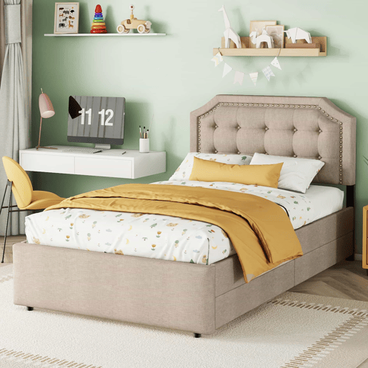 Cama estofada em linho com 2 gavetas - 90x200 cm - cabeceira decorada com rebites - Taupe