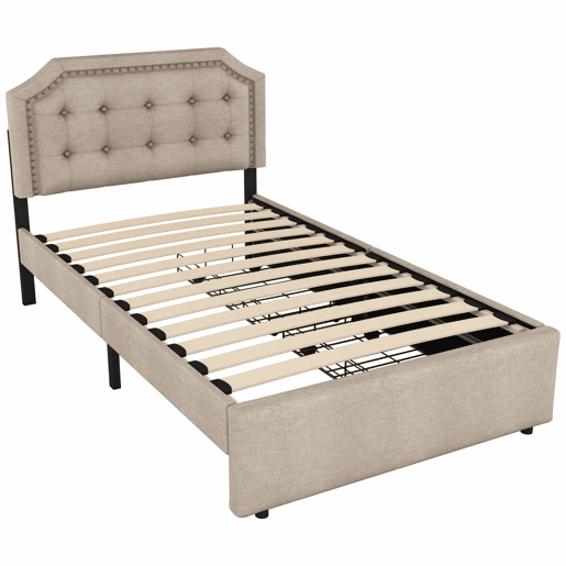 Cama estofada em linho com 2 gavetas - 90x200 cm - cabeceira decorada com rebites - Taupe