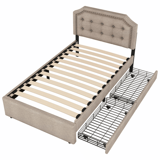 Cama estofada em linho com 2 gavetas - 90x200 cm - cabeceira decorada com rebites - Taupe