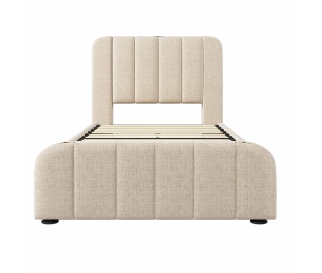 Cama con cajones 90x200 cm en tela de lino - con carga usb y tipo c - decorada con rayas doradas - beige