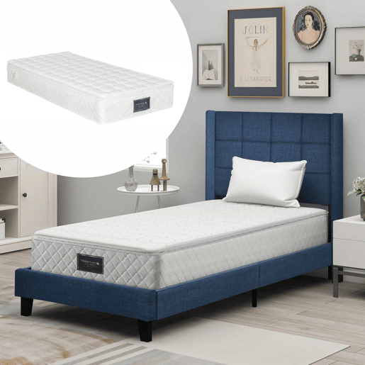 Cama Polsterbett 90x200cm - Cabeceira acolchoada, com estrado, firmeza média - Azul linho