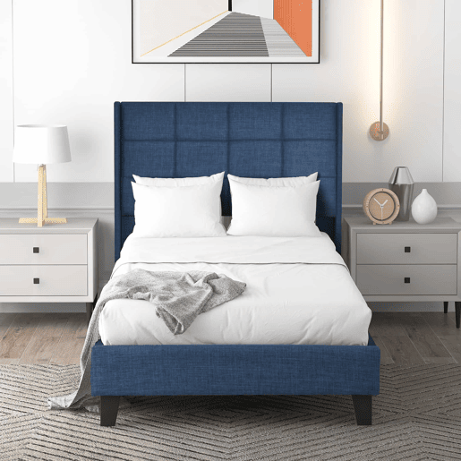 Cama Polsterbett 90x200cm - Cabeceira acolchoada, com estrado, firmeza média - Azul linho