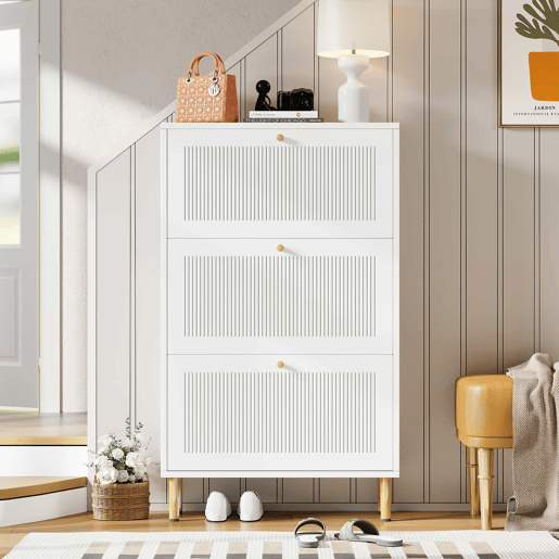 Sapateira estreita 73x23x125 cm - 3 portas basculantes com ranhuras, 6 prateleiras, design contemporâneo - Branco