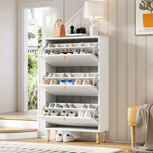 Sapateira estreita 73x23x125 cm - 3 portas basculantes com ranhuras, 6 prateleiras, design contemporâneo - Branco