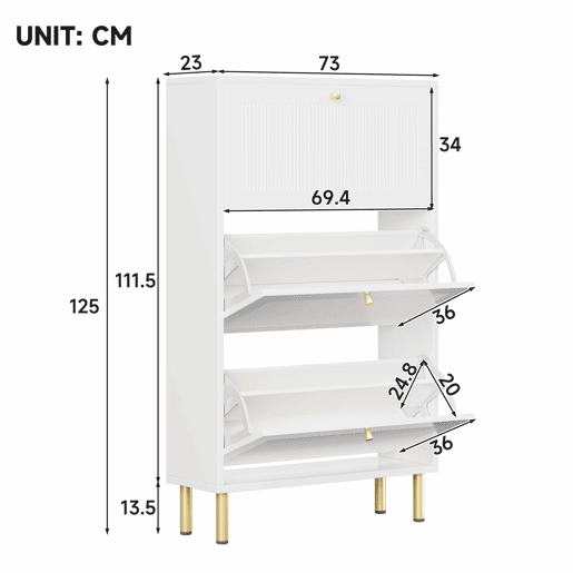 Sapateira estreita 73x23x125 cm - 3 portas basculantes com ranhuras, 6 prateleiras, design contemporâneo - Branco