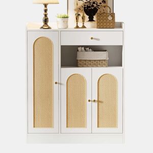 Armário de vime  Armário de arrumação com espaço, 1 gaveta, 3 portas com prateleiras ajustáveis, para a entrada, sala de jantar e corredor, 90 x 35 x 110 cm - Branco + Natural