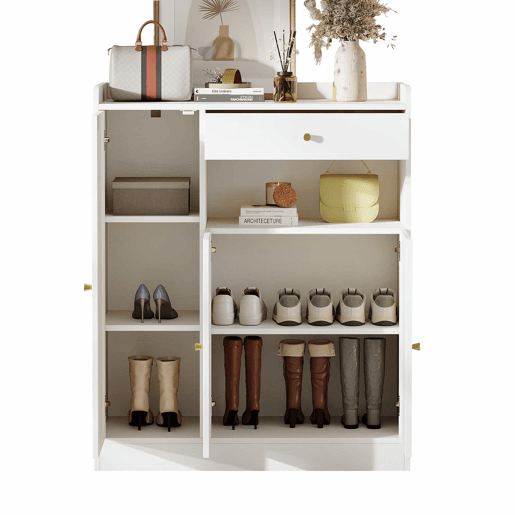 Armário de vime  Armário de arrumação com espaço, 1 gaveta, 3 portas com prateleiras ajustáveis, para a entrada, sala de jantar e corredor, 90 x 35 x 110 cm - Branco + Natural