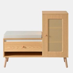 Sapateira com banco de entrada - Rattan, com almofada de assento, gavetas e compartimentos abertos, 1 porta - Natural