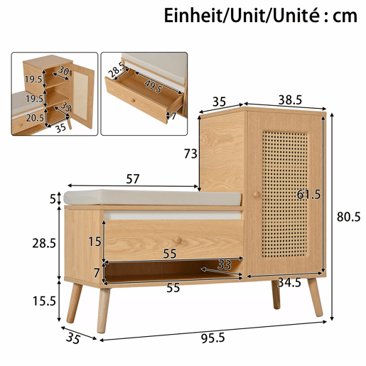 Sapateira com banco de entrada - Rattan, com almofada de assento, gavetas e compartimentos abertos, 1 porta - Natural