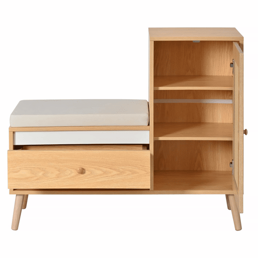 Sapateira com banco de entrada - Rattan, com almofada de assento, gavetas e compartimentos abertos, 1 porta - Natural