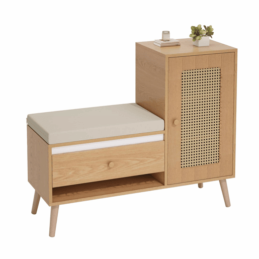 Sapateira com banco de entrada - Rattan, com almofada de assento, gavetas e compartimentos abertos, 1 porta - Natural
