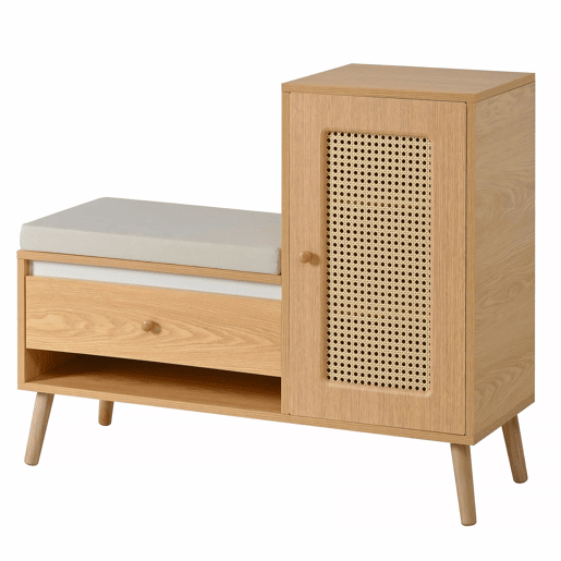 Sapateira com banco de entrada - Rattan, com almofada de assento, gavetas e compartimentos abertos, 1 porta - Natural