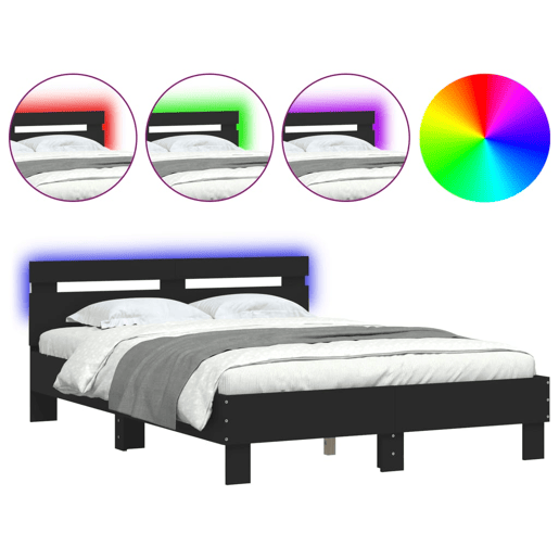 Estrutura de Cama de casal para adultos com cabeceira e luzes LED 120x200 cm preto