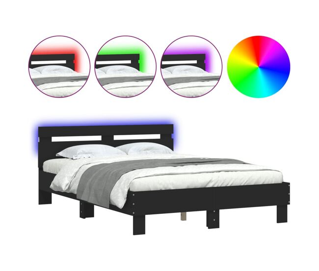 Estructura de cama doble matrimonial con cabecero y luces led negro 120x200 cm